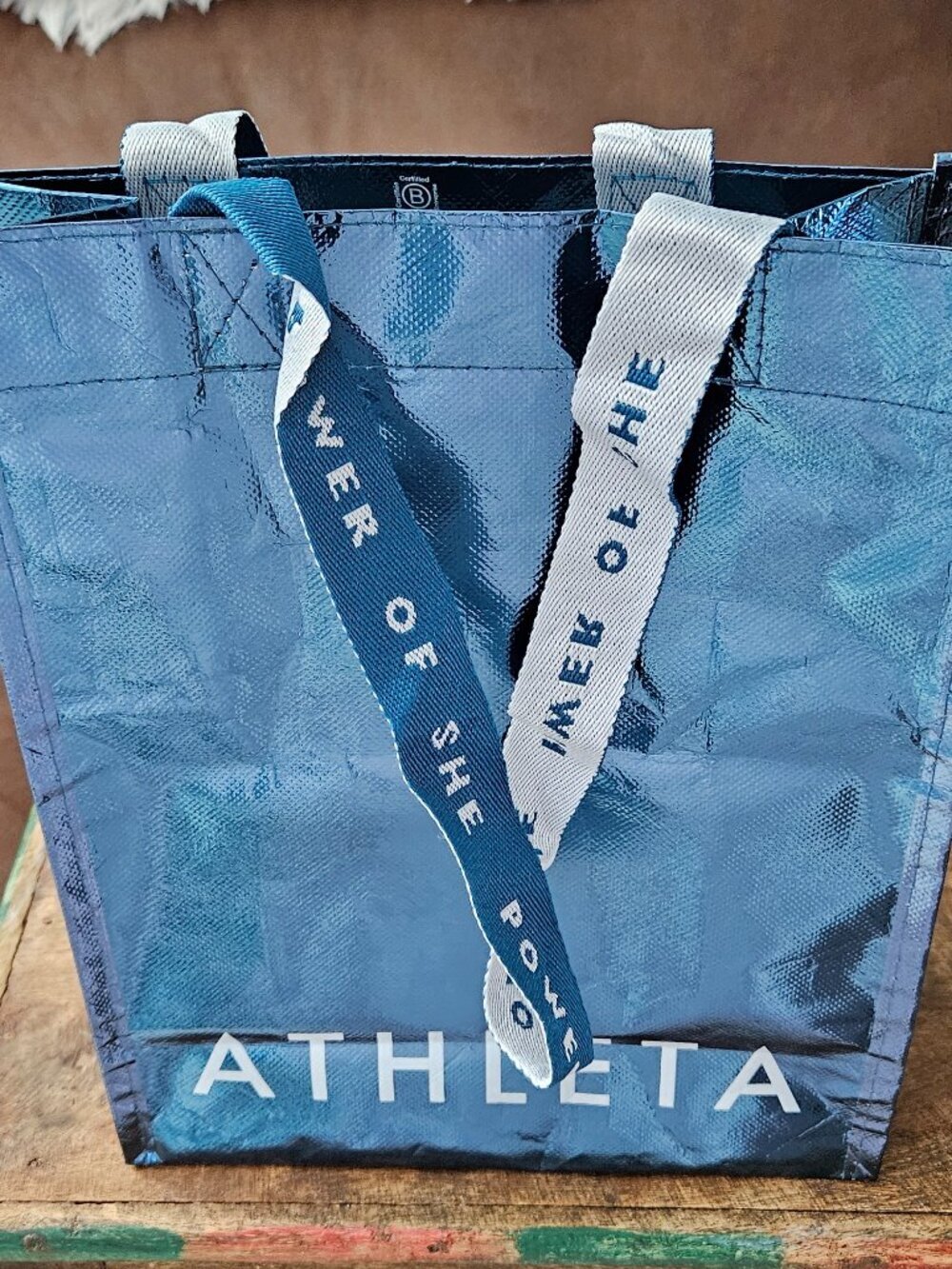 Athleta Reusable Shopping or gift Tote Bag Medium Metallic Blue